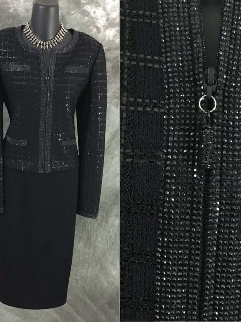 BEAUTIFUL St John evening knit black rhinestones embellished skirt suit size 6 8